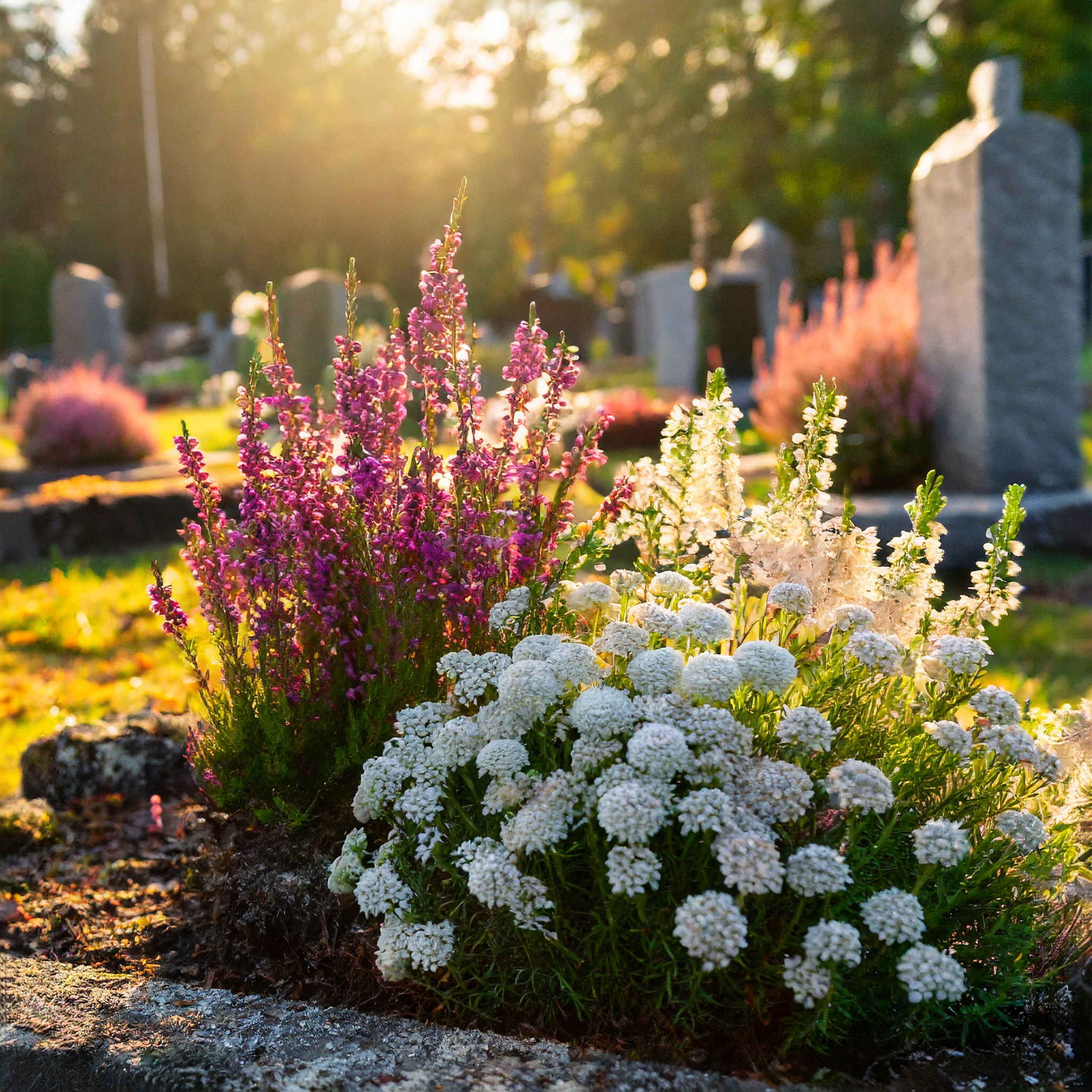 Blommor i olika färger pryder graven vid solnedgången på en kyrkogård.